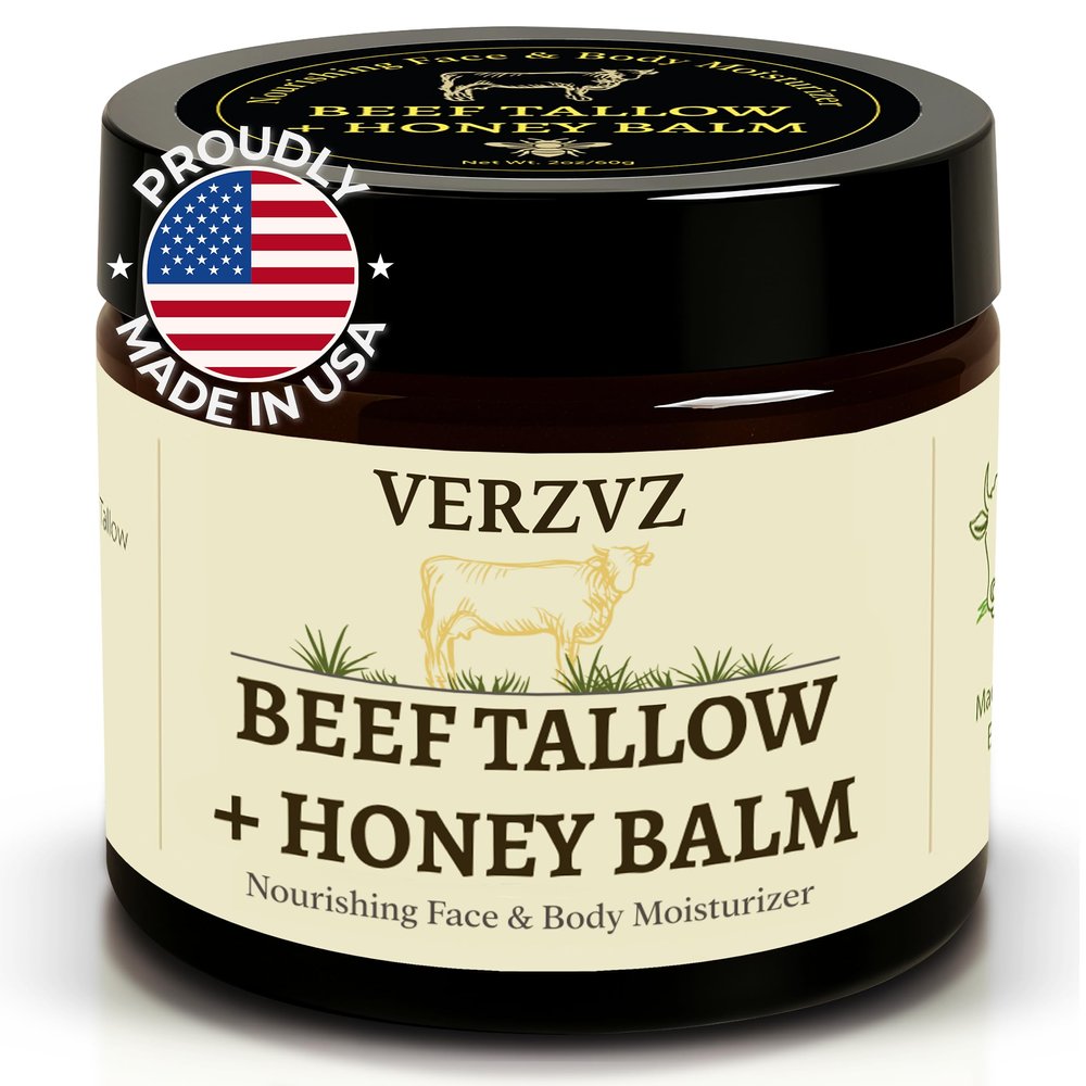 Beef Tallow for Skin and Face Tallow and Honey Balm Moisturizer, 100% Grass-Fed Beef Tallow with Raw Organic Honey, Beeswax, Olive Oil & Vitamin E Deep Hydration Proudly Made in USA 2oz