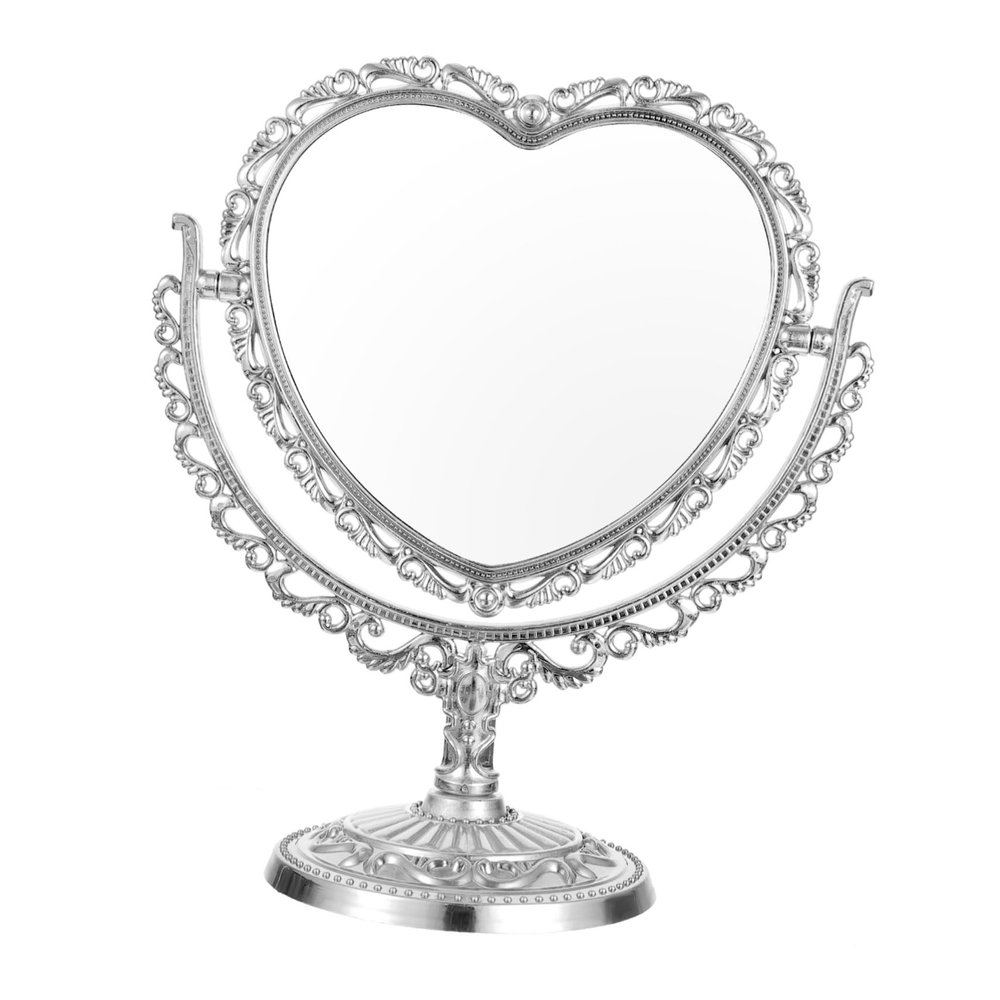 VALICLUD Vintage Heart Shaped Double Sided Makeup Mirror for Vanity Desk with Rotation Silver Desktop Mirror for Bathroom Bedroom Women