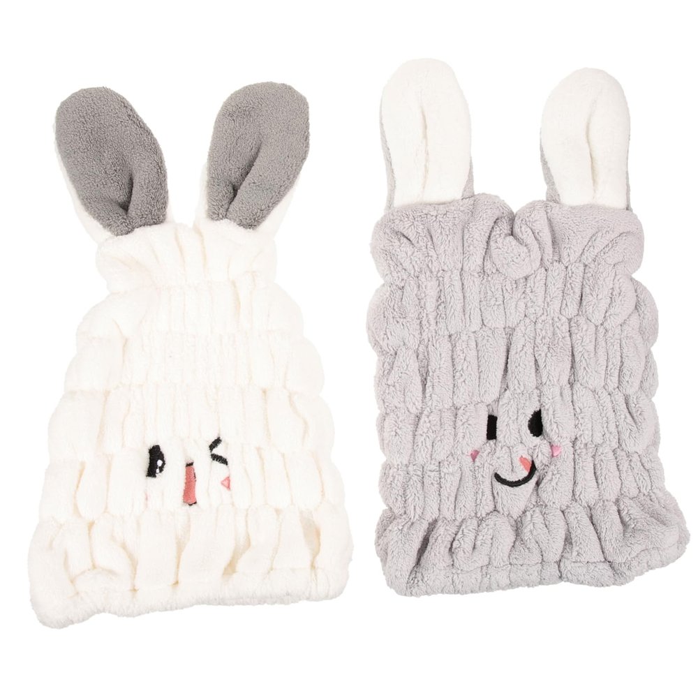 Beaupretty 2 pcs Rabbit Ear Hair Towel Wrap Cap for Absorbent Thickened Quick Dry Hair Drying Hat Cute Cartoon Childrens Bath Turban in Light Gray Soft Skin Friendly