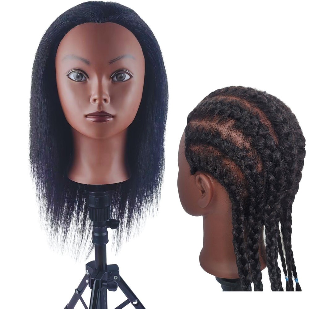 African American Yaki Straight Human Hair Mannequin Head for Braiding Textured Hair Head Mannequin for Practice HairStyling