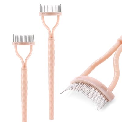 KINGMAS Eyelash Comb Separator, Eye Lash Separator Eyelash Definer Mascara Comb Applicator With Cover - Arc Designed (Apricot Pink (2Pcs))