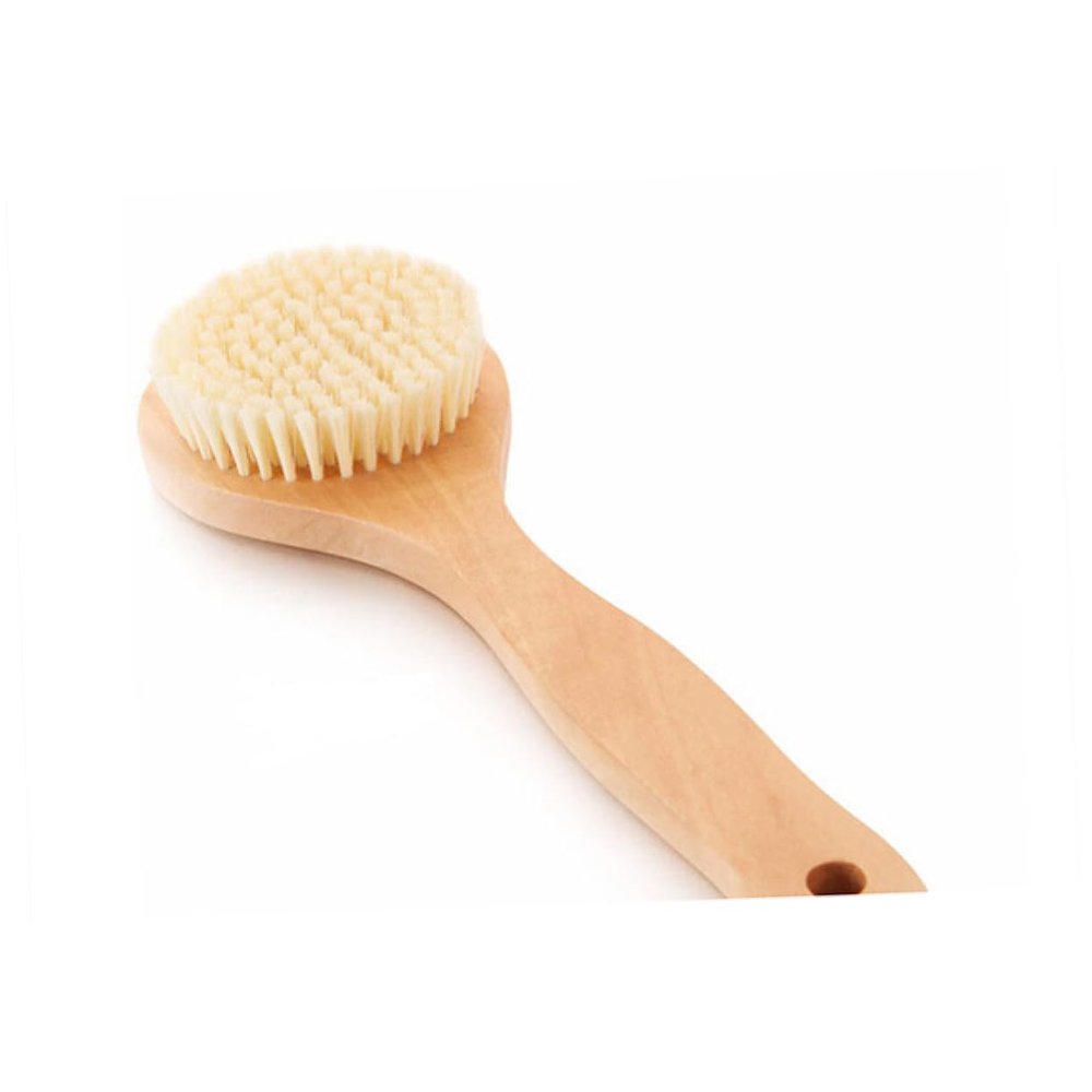 Baluue Long Handle Plastic Bath Brush with Medium Stiff Bristles for Exfoliating Body Massage Dead Skin Removal and Stimulation Wood PP Material for Feet Knees and Legs