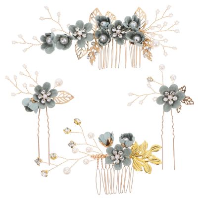 Lurrose 4pcs Bridal Flower Wedding Hair Pins Pearl Floral Leaf Hair Combs Headpiece for Brides Bridesmaids Women Girls
