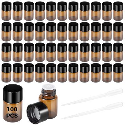 100-Piece Set of 2Ml Brown Glass Bottles with Black Screw Caps & 2 Plastic Pipettes, Perfect for Essential Oils & Perfumes