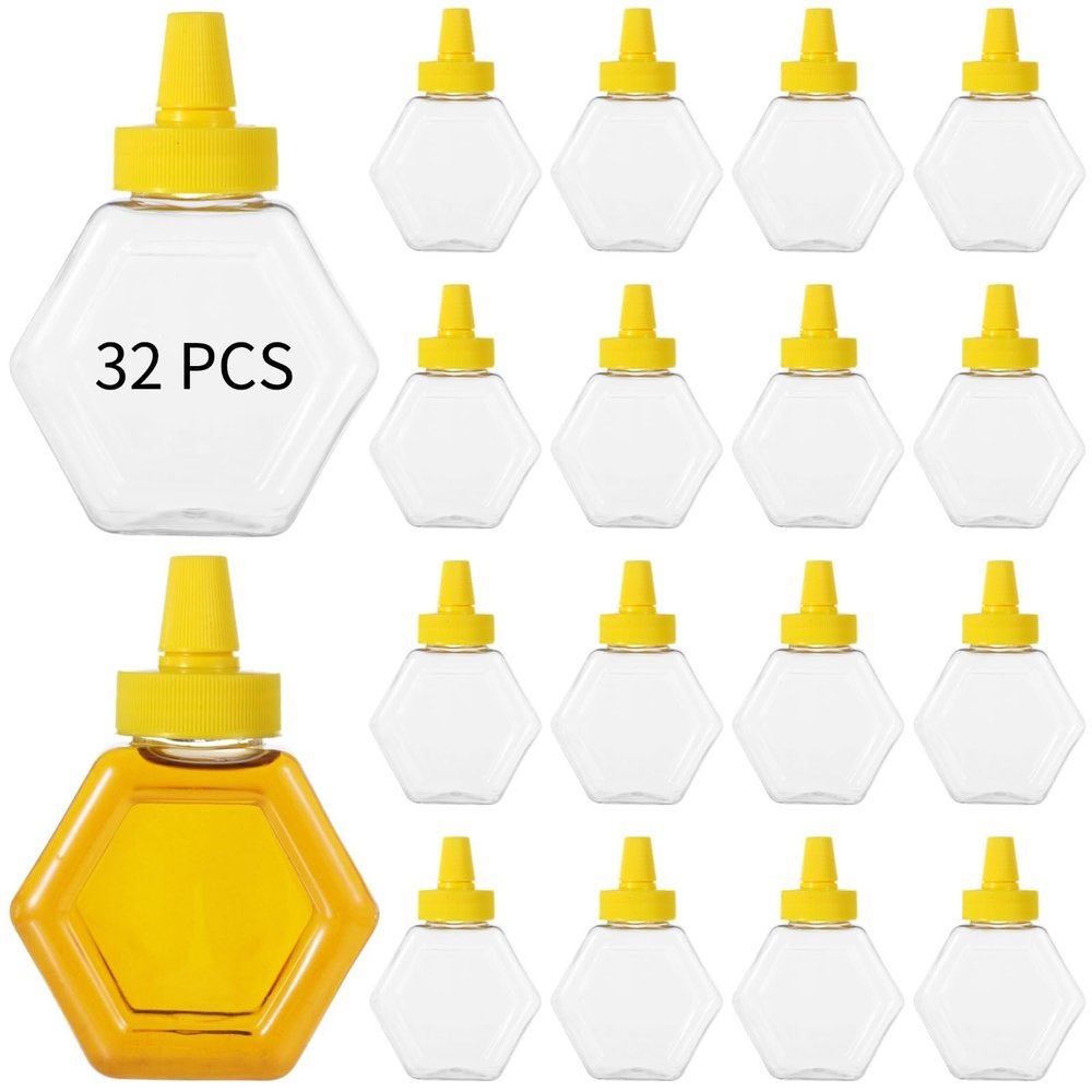 Tressify 32 Pcs 7 Oz Honey Bottles, Clear Plastic Squeeze Containers with Spout Lids, Reusable Jars for Honey, Syrup & Sauce