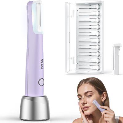Dermaplane Razor for Women Face, WLU Rechargeable Face Dermaplaning Tool  Peach Fuzz, Facial Hair & Exfoliation Removal, Sonic Technology with LED Light, 3 Speeds & 10 Blades (Purple)