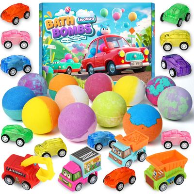Bath Bombs for Kids with Toys Inside, Kids Bath Bombs for Boys Girls, 9-Piece Bathbomb Set Includes 9 Pull-Back Cars and 3 Vehicles, Halloween Christmas Birthday Easter Gift Set for Children