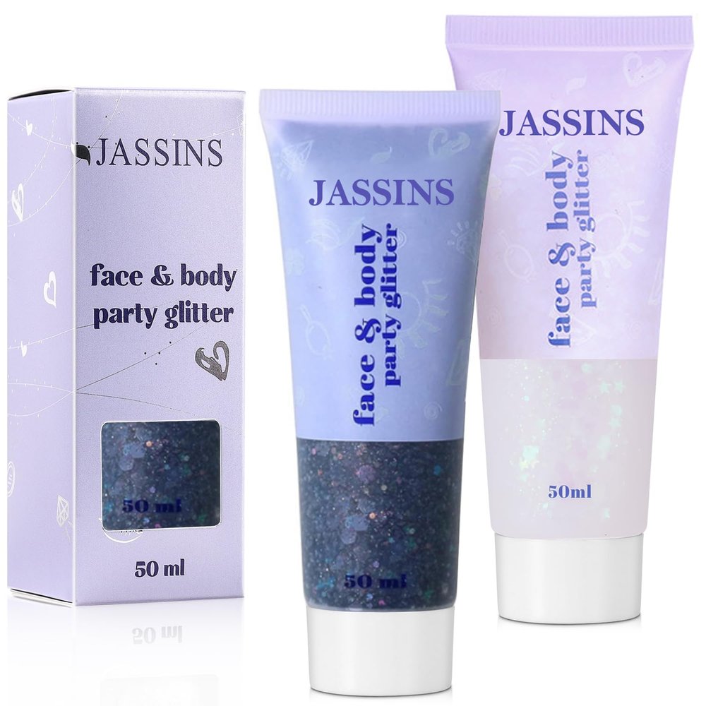 JASSINS 2PCS Body Glitter, 100ml Halloween Face Glitter for Women Girls Kids, Glitter Gel Makeup Tween Gifts, Singer Concerts Festival Rave Accessories, Chunky Mermaid Sequins Glitter (Black+White)