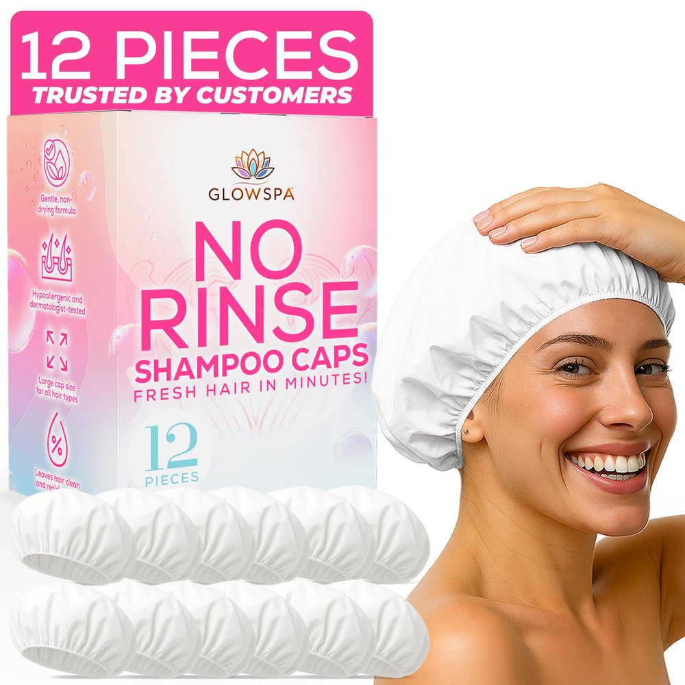 No Rinse Shampoo Caps (Pack of 12)  Rinse-Free Shower Cap for Elderly, Bedridden Patients, Travel, Hospital, or Camping  Waterless Hair Wash Solution by GlowSPA