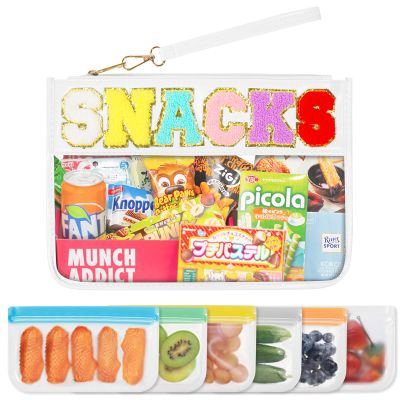 7 Pieces Snack Bags,Clear Zipper Pouch Travel Chenille Letter Makeup Bag Waterproof Flat Pouch Nylon Tote Bag for Women(Pink) (White)