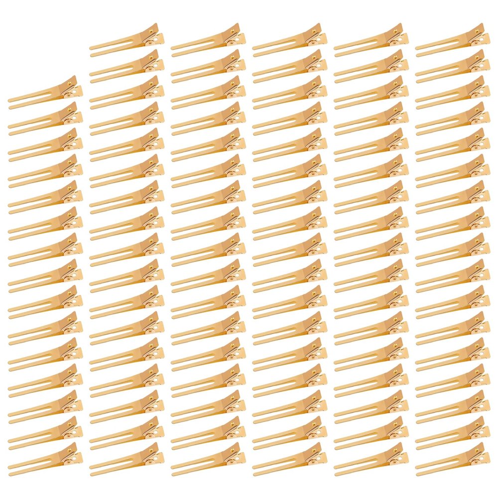 100 Pieces 1.77" Hairdressing Double Prong Curl Clips Metal Alligator Hair Clips Setting Section Hair Clips for Hair Salon Extensions Styling, Gold