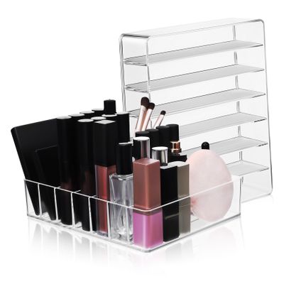 ABOOFAN 2pcs Clear Acrylic Makeup Organizer with Divided Compartments Stackable Eyeshadow Palette Holder for Vanity Desktop Storage Box for Blushes and Cosmetics