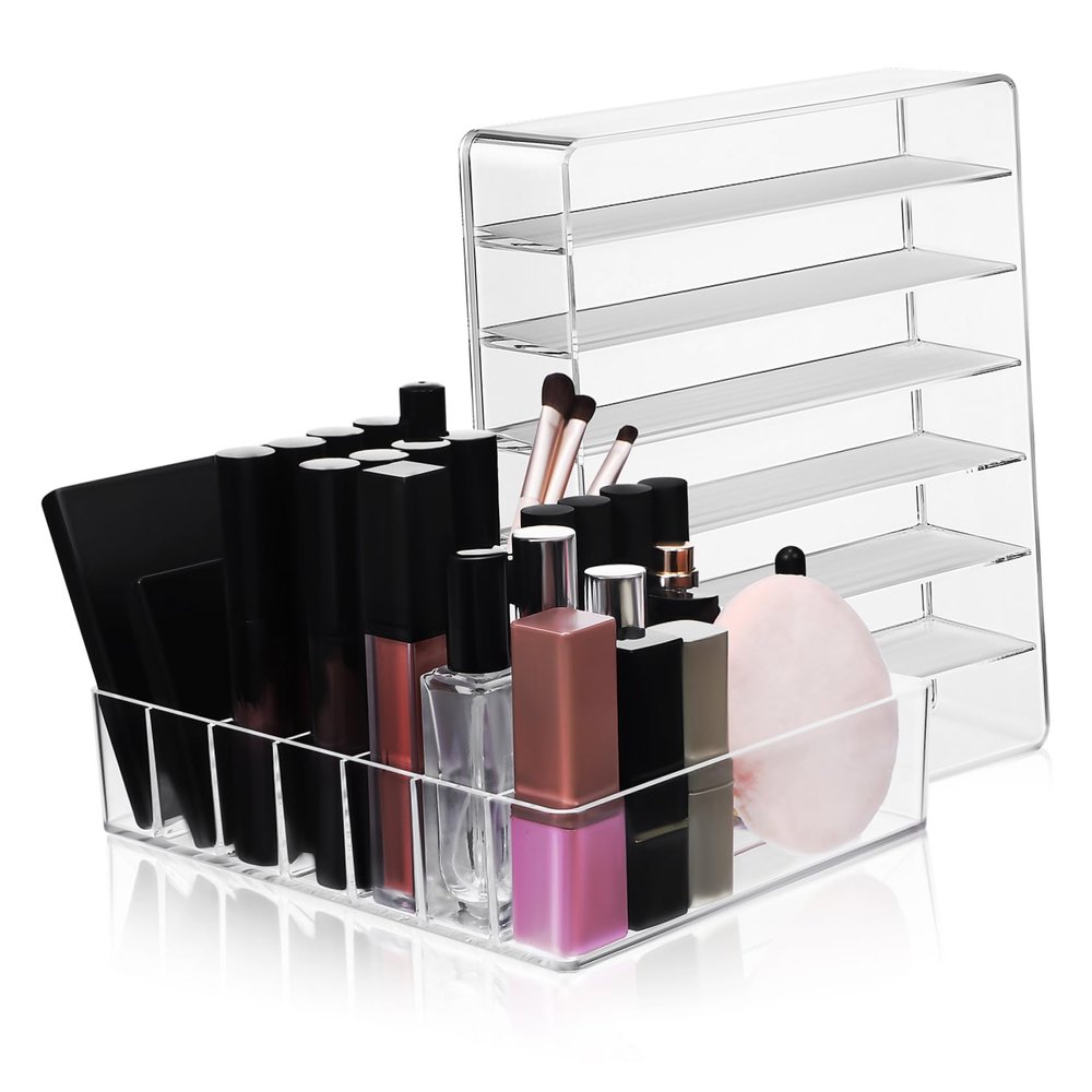 ABOOFAN 2pcs Clear Acrylic Makeup Organizer with Divided Compartments Stackable Eyeshadow Palette Holder for Vanity Desktop Storage Box for Blushes and Cosmetics