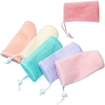 6Pcs Random Color Exfoliating Mesh Soap Pouch Bubble Foam Net Bag for Body Facial Cleaning Tool, for Shower Saver Pouch Drawstring Foaming Net Soap Bag Used Repeatedly Easy to Store Cleansers
