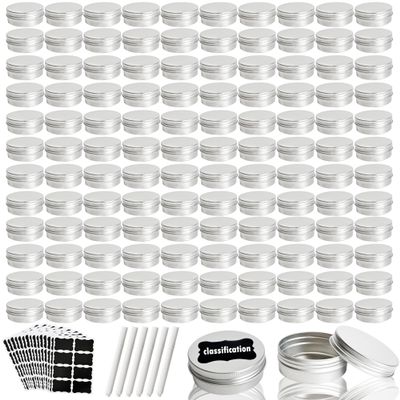 120 Pack Round Aluminum Tin with Screw Lid 2 oz Round Metal Cans Containers Empty Balm Storage Jars DIY Refillable Tin with 6 Markers 15 Sheets Stickers for Candle Salve Cosmetic Spices (Color Set 1)
