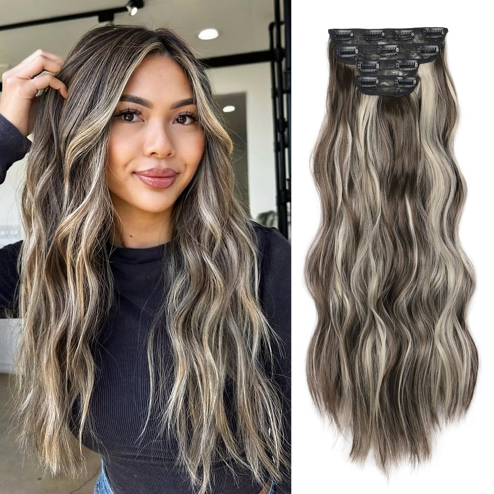 Clip in Hair Extensions for Women, Long Wavy Hair Extensions Clip Ins 4PCS 22 Inch Synthetic Soft and Natural Thick Hair Pieces for Women(Brown Mixed Grey White Highlights)