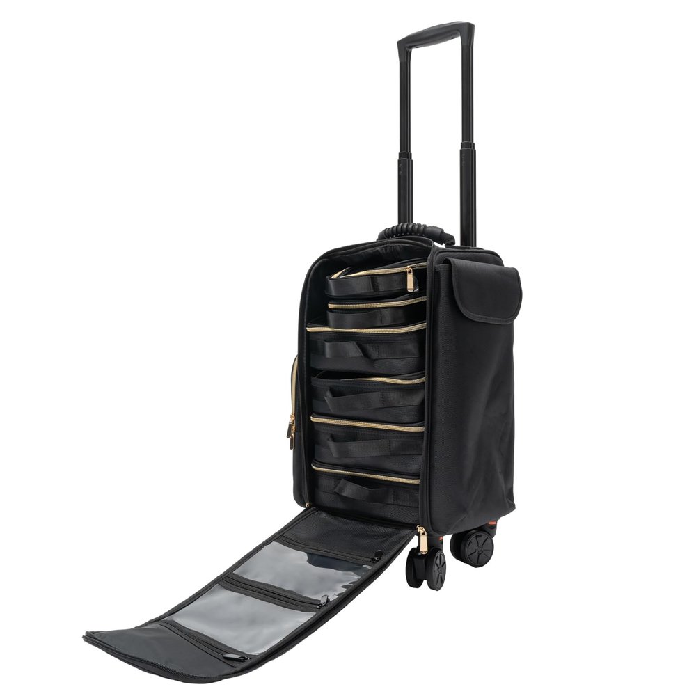 BFDIEEM Makeup Rolling Train Case Large Storage Cosmetic Trolley, Professional Cosmetic Organizer Box with Wheels 11.42 * 9.45 * 18.5in, Salon Barber Case Traveling Cart Trunk, Black