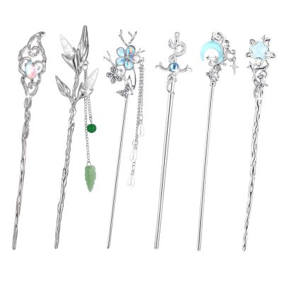 6PCS Christmas Star Moon Hair Sticks for Buns Long Hairs Silver Metal Hair Sticks Vintage Chinese Hanfu Hairs Chopsticks Bamboo Forks Hairpin Bun Updo Holders for Women Girls
