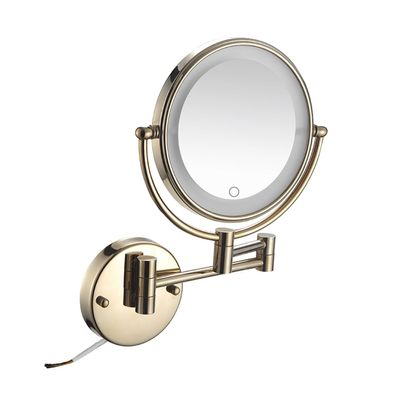 8 Inch Wall Mounted Lighted Makeup Mirror, Double-Sided Magnifying Mirror, 3 Colors Lighted Makeup Mirror, Touch Dimmable 360 Rotation Foldabl Mirror Zirconium Gold,10X