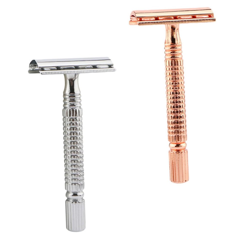 Ipetboom 2PCS Double Edged Metal Razor Manual Safety Shaving Tool with Sealed Cutter Head Washable and Resistant for Mens Beard Body Hair Grooming at Home and Travel Rose Gold Silver