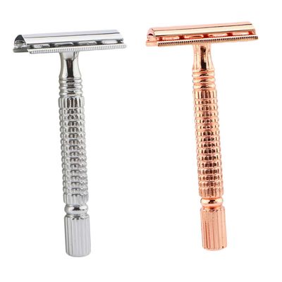 Healifty 2PCS Double Edged Manual Beard Shaver for Men Nonslip Lightweight Handle Traditional Vintage Metal Razor in Rose Gold and Silver Close Smooth Shaving Without Bumps Irritation