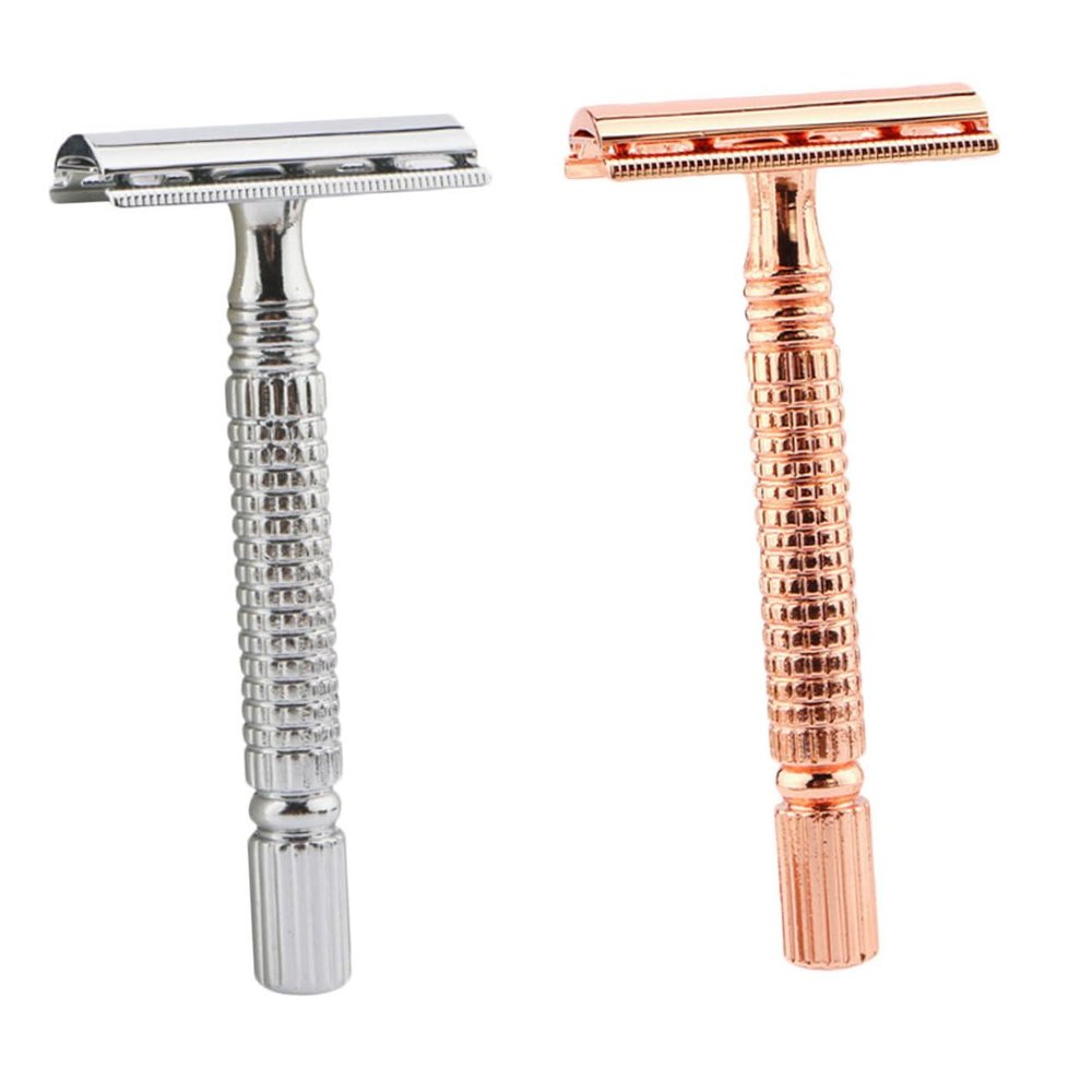 Healifty 2PCS Double Edged Manual Beard Shaver for Men Nonslip Lightweight Handle Traditional Vintage Metal Razor in Rose Gold and Silver Close Smooth Shaving Without Bumps Irritation