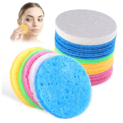 Baluue 50pcs Natural Round Facial Cleansing Sponges Portable Makeup Remover Pads Reusable Gentle Washing Powder for All Skin Types Deep and Remove Cosmetic Residue