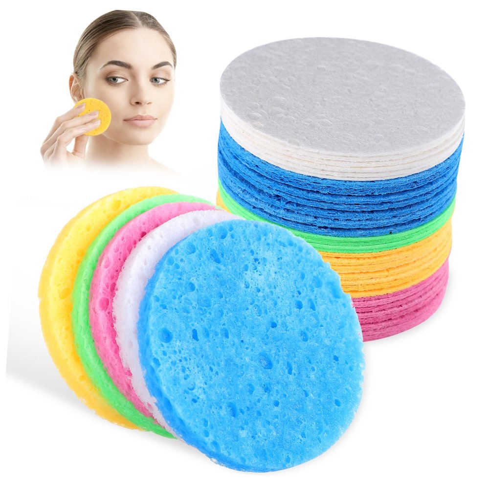 Baluue 50pcs Natural Round Facial Cleansing Sponges Portable Makeup Remover Pads Reusable Gentle Washing Powder for All Skin Types Deep and Remove Cosmetic Residue