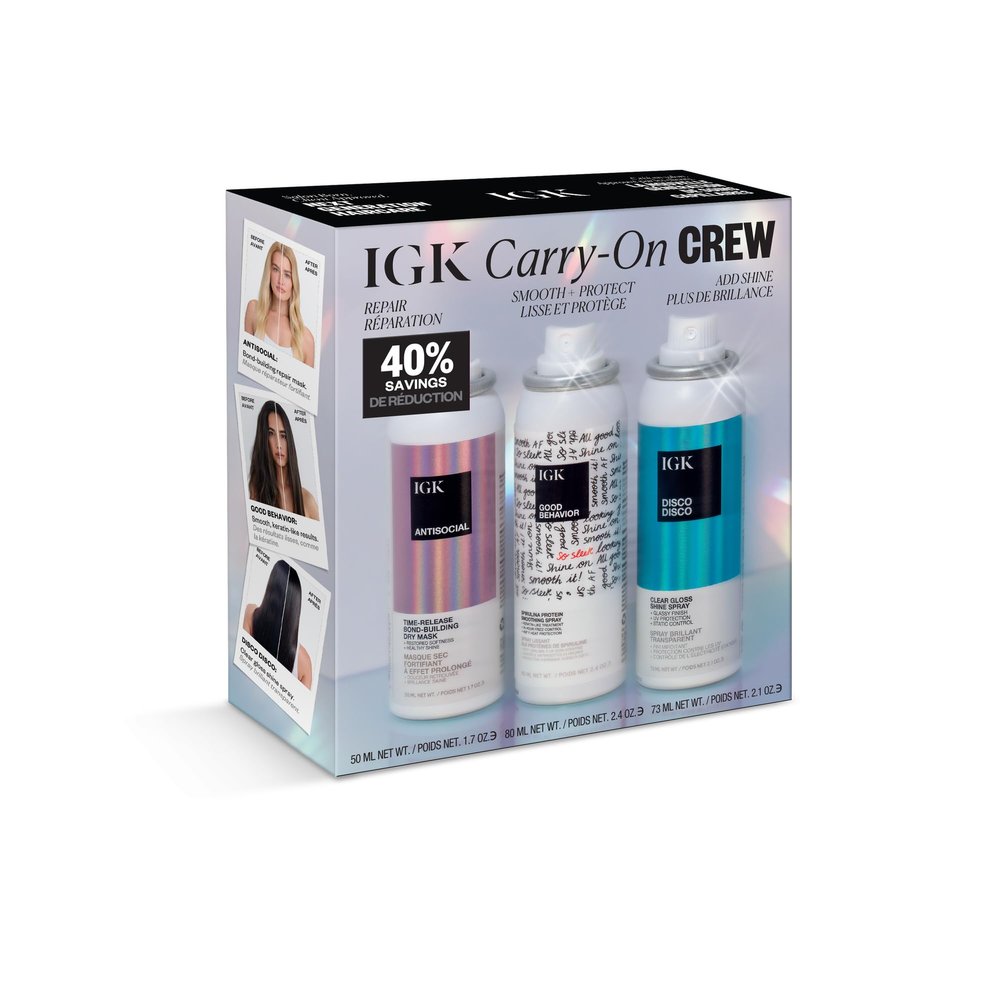IGK Must Have Travel Kit Holiday 2025  Includes GOOD BEHAVIOR Smoothing Spray, DISCO DISCO Shine Spray & ANTISOCIAL Dry Hair Mask  TSA Approved Travel Size Hair Essentials