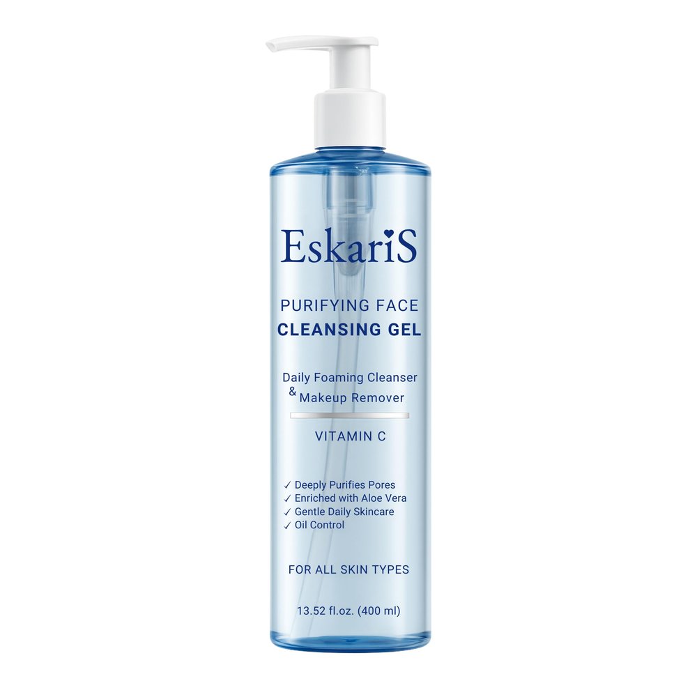 Eskaris Purifying Face Cleansing Gel Vitamin C & Aloe Vera, Anti-Aging Daily Foaming Cleanser & Makeup Remover, Soap-Free Face Wash, Oil Control, For All Skin Types, 13.52 oz (400 ml)