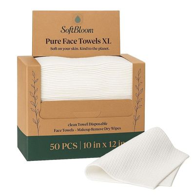 Disposable Face Towels XL for Acne-Prone & Sensitive Skin  Ultra Soft Biodegradable Viscose Single-Use Facial Towels for Daily Skincare Hygiene & Makeup Removal  SoftBloom (50 Count)