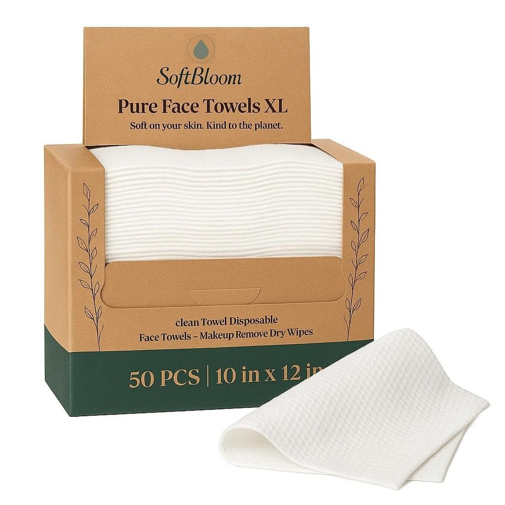 Disposable Face Towels XL for Acne-Prone & Sensitive Skin  Ultra Soft Biodegradable Viscose Single-Use Facial Towels for Daily Skincare Hygiene & Makeup Removal  SoftBloom (50 Count)