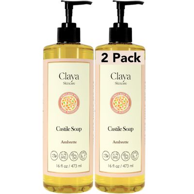 Ambrette Liquid Castile Soap Organic Ingredients, Biodegradable, Gentle for Sensitive Skin and Versatile Use (2 Pack of 16 fl oz (Pump Cap))