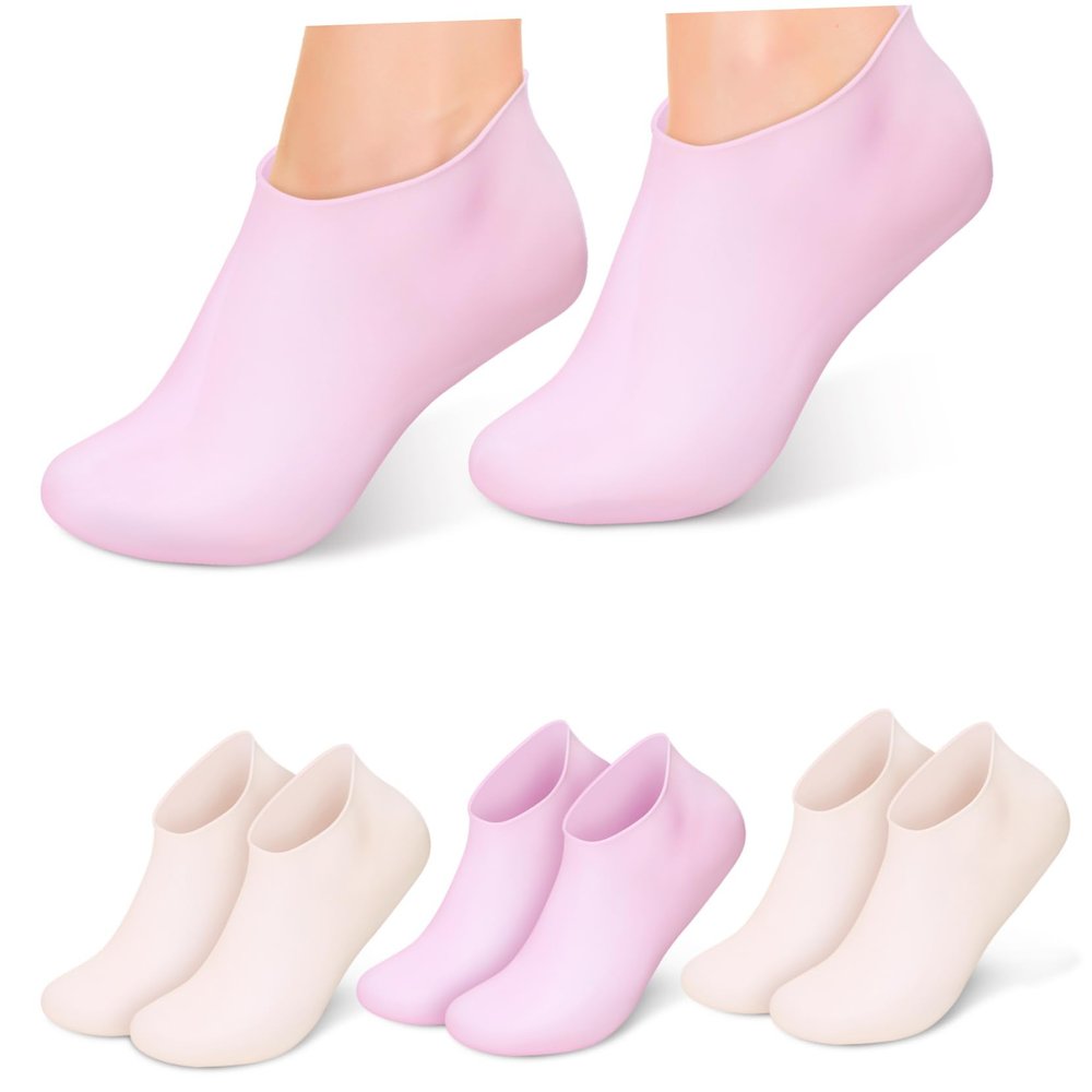 Healifty 4 Pairs Silicone Moisturizing Socks for Women Elastic Foot Care Gel Socks for Dry Cracked Skin in Pink and Nude Beauty Treatment for Smooth Feet