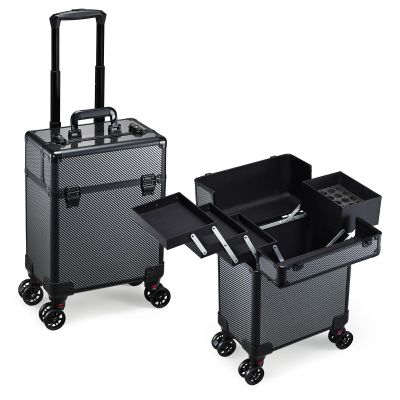 Mecucasi Rolling Makeup Case, Cosmetology Case on Wheels Makeup Train Case Professional Vanity Case with Trays for Women Large Travel Makeup Box Organizer Makeup Trolley on Wheels with Key,Ashy Grey