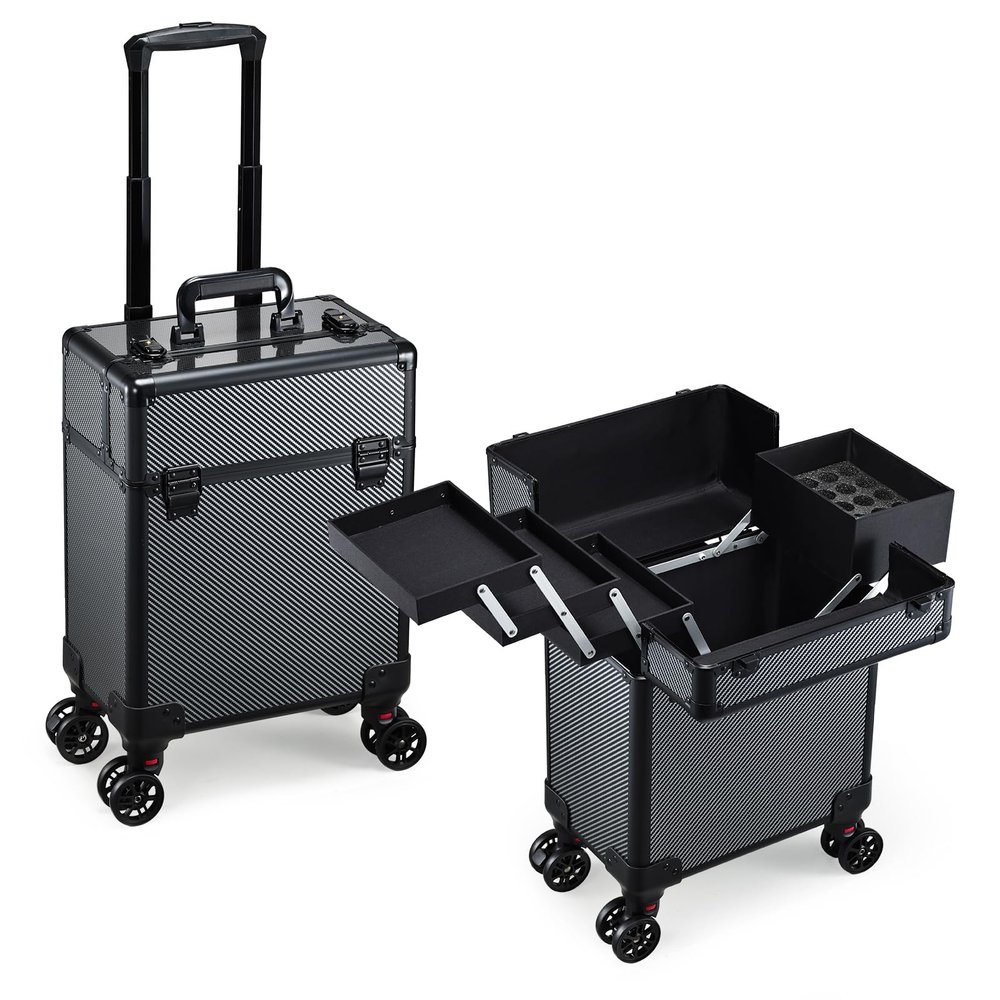 Mecucasi Rolling Makeup Case, Cosmetology Case on Wheels Makeup Train Case Professional Vanity Case with Trays for Women Large Travel Makeup Box Organizer Makeup Trolley on Wheels with Key,Ashy Grey