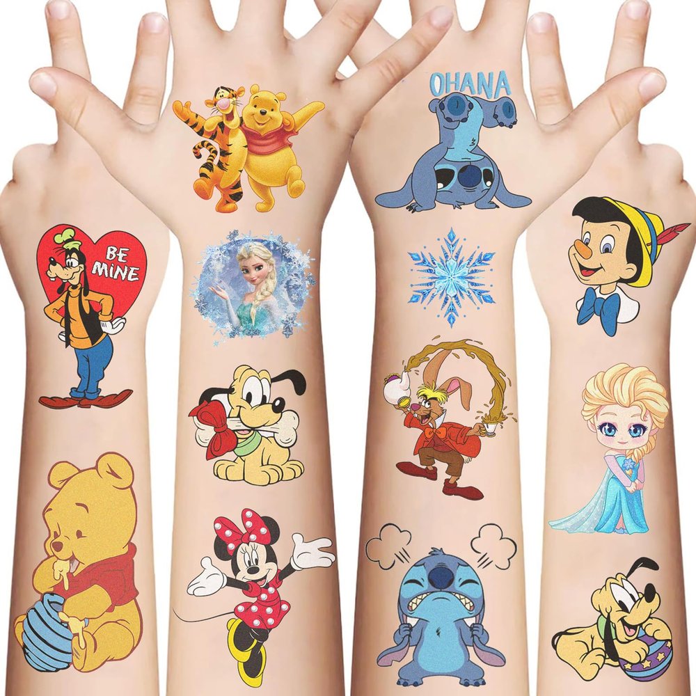10 Sheets Disney Cartoon Temporary Tattoos for Kids, Princess Birthday Party Favors, Cute Cartoon Decoration Sticker Gifts for Teen Girl Boys Home Activity Class Prizes Carnival Christmas Rewards