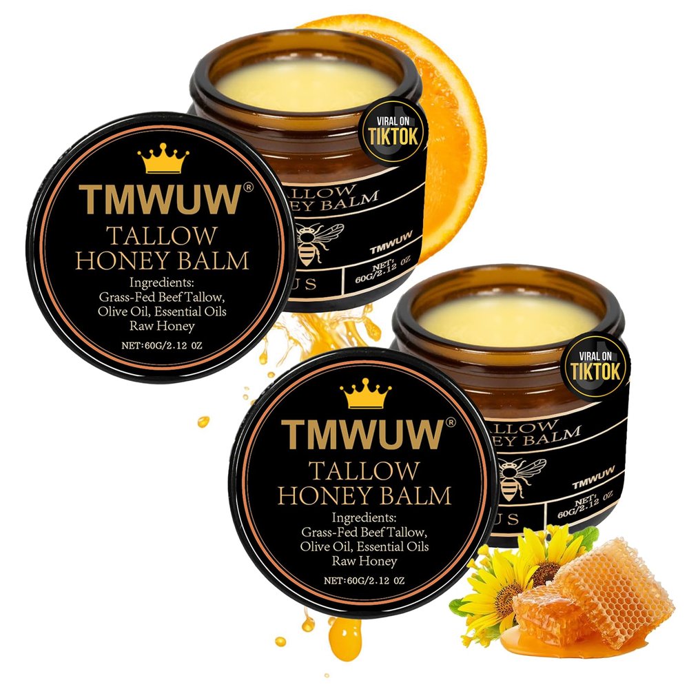 Beef Tallow for Face,Organic Grass Fed Beef Tallow Balm with Raw HoneyHandmade All-Natural Moisturizer for Dry & Sensitive Skin (2)