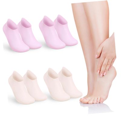 Baluue 4 Pairs Silicone Gel Moisturizing Socks for Women Foot Care Soft Skin Treatment for Dry Cracked Heels Comfortable Foot Cover Sleep Socks in Pink and Nude Colors