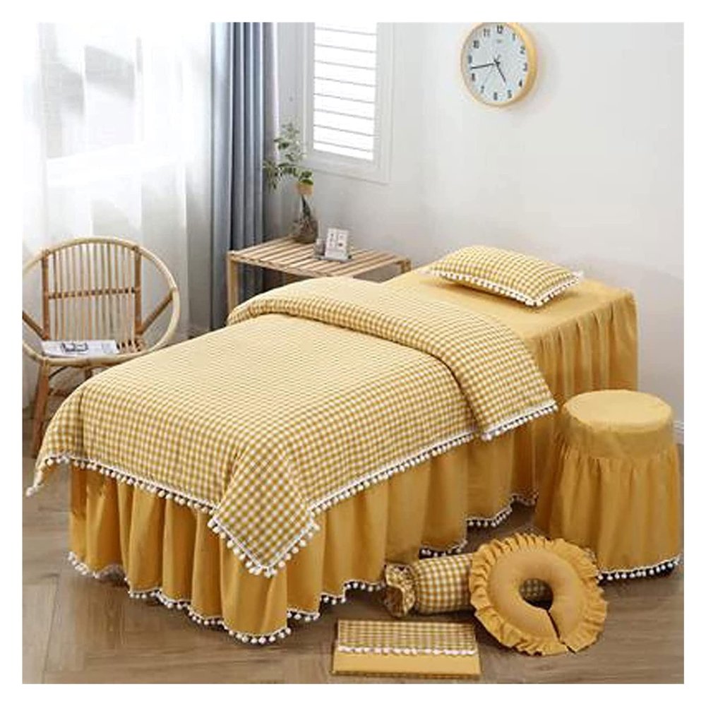 RJYYYDS 4-Piece Art Massage Table Sheet Skirt Set - Beauty Bedspread 4-Piece Japanese Washed Cotton Pure Cotton Simple High-end Luxury Nordic Massage Bed Cover Yellow-70 * 190cm