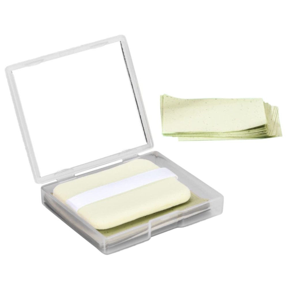 ETHZZLE Green Tea Facial Oil Blotting Paper with Mirror and Puff Portable Oil Absorbing Sheets for Oily Skin Controls Shine and Minimizes Pores Lightweight Face Cleaning Paper for Men and