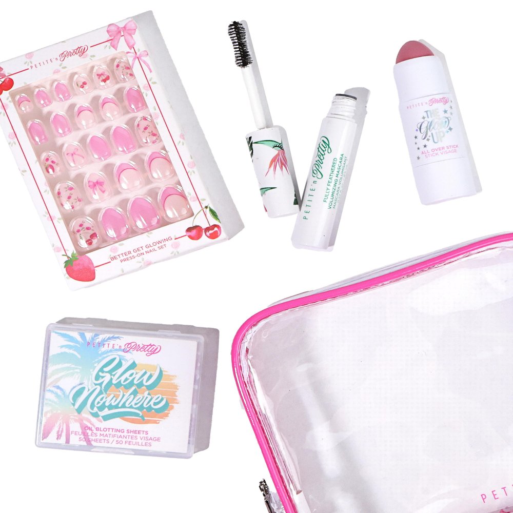 Petite n Pretty Better Get Glowing Makeup Set Safe Beauty Kit for Kids & Tween w/Press-On Nails, Mascara, Blush Stick, Blotting Sheets in Clear Travel Bag