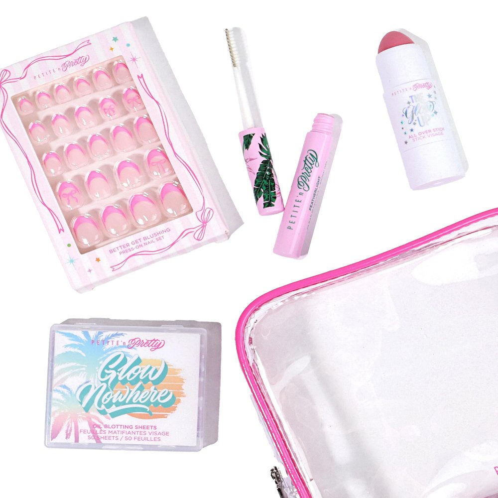 Petite n Pretty Better Get Blushing Makeup Set Safe Beauty Kit for Kids & Tween w/Press-On Nails, Brow Pen, Blush Stick, Blotting Sheets in Clear Travel Bag