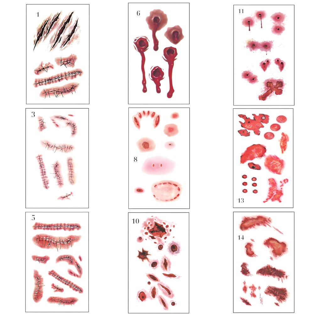 12-Sheet Fake Tattoos and Wound Halloween Tattoos Set  Realistic Temporary Tattoos for Halloween, Cosplay, Zombie Makeup  Easy Apply & Remove with Water  Costume Accessories for Adults