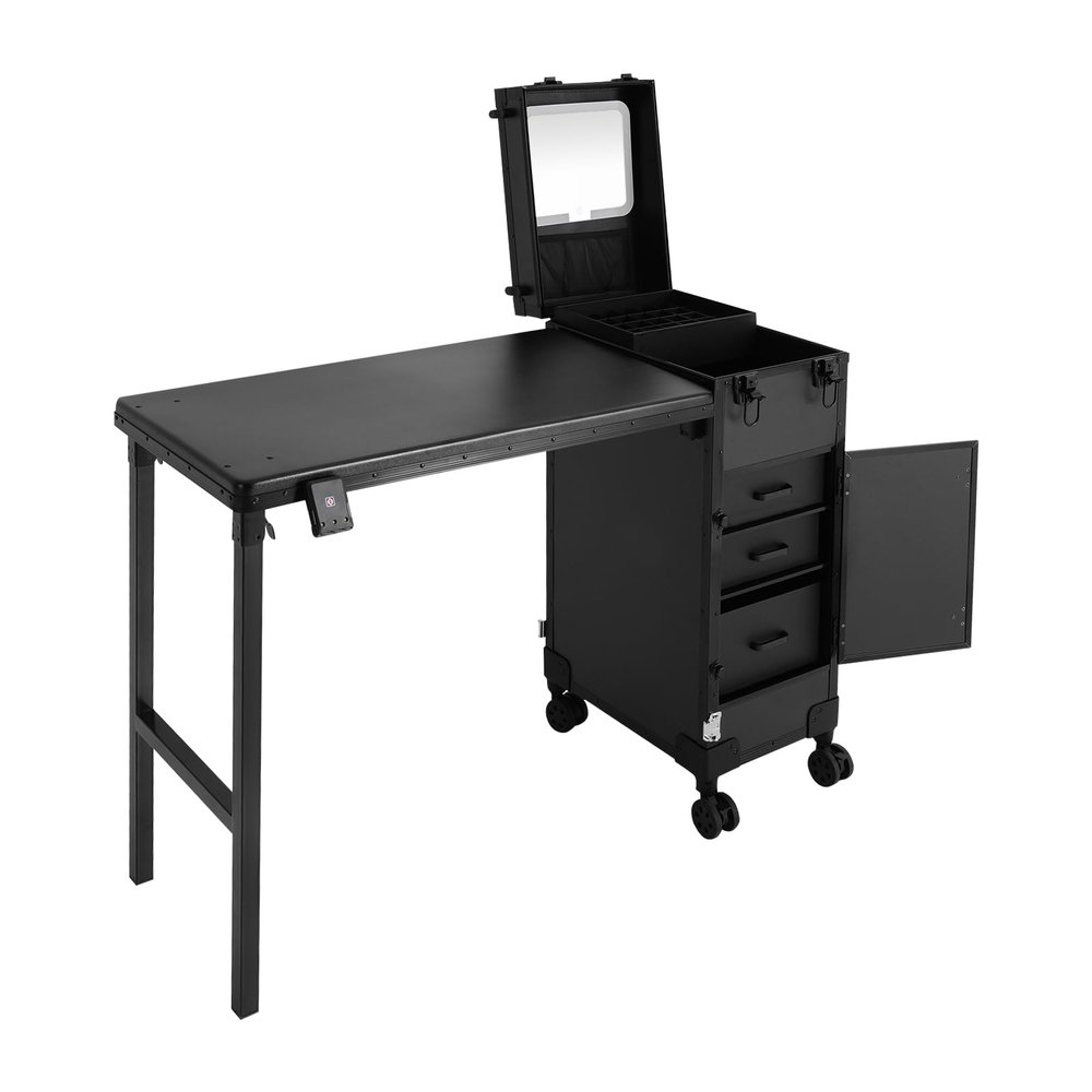 Fichiouy Professional Rolling Makeup Case with LED Lighted Mirror & Wheels - Large Capacity Lockable Cosmetic Organizer for Artists, Nail Techs,Portable Makeup Station, 3 Drawers (Black)
