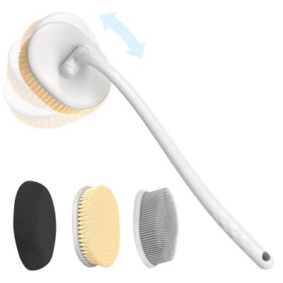 3-in-1 Flexible Up-Down Back Scrubber for Shower for Men & Women, 3 Detachable Back Brush Heads (Silicone/Sponge/Bristle), Ergonomic Long Handle Body Scrubber for Body Cleaning & Exfoliation