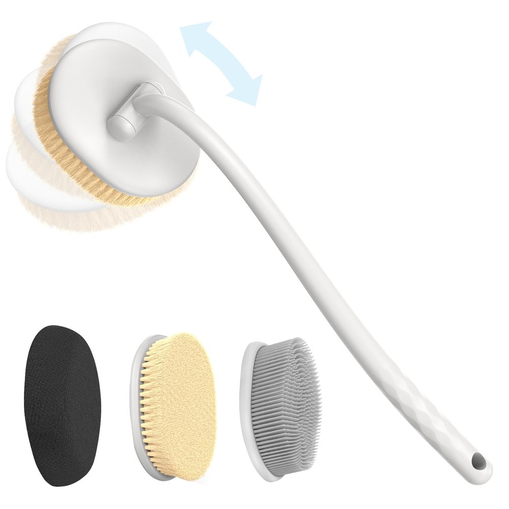 3-in-1 Flexible Up-Down Back Scrubber for Shower for Men & Women, 3 Detachable Back Brush Heads (Silicone/Sponge/Bristle), Ergonomic Long Handle Body Scrubber for Body Cleaning & Exfoliation