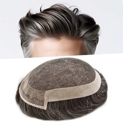 FACE MIRACLE French Lace Human Hair Toupee for Men PU Poly Skin Around Edge Mens Hairpieces Toupee Human Hair Replacement Systems Natural Hairline 6X9 80% #330#3 Dark Brown+30% Grey