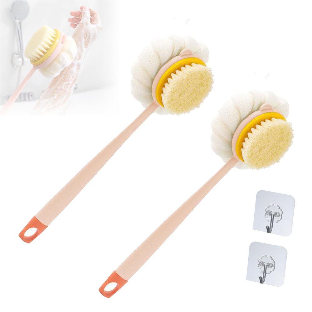 2-in-1 Bath Scrubber & Back Brush, Extra Long Handle, Shower Brush with Bath Balls and Bristles, Exfoliating Shower Ball, Double Sided Bath Brush, Soft Bristles, Wet or Dry (2pcs-A1+B2)