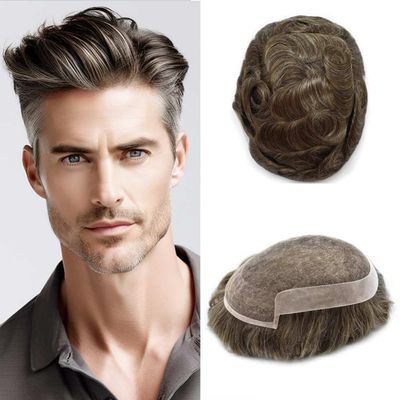 FACE MIRACLE Swiss Lace Front Human Hair Toupee for Men NPU Poly Coated Breathable Invisible Hairline Hand-Tied Real Hair Replacement System Mens Hairpiece 7X10 100% #620#6 Light Brown+20% Gray
